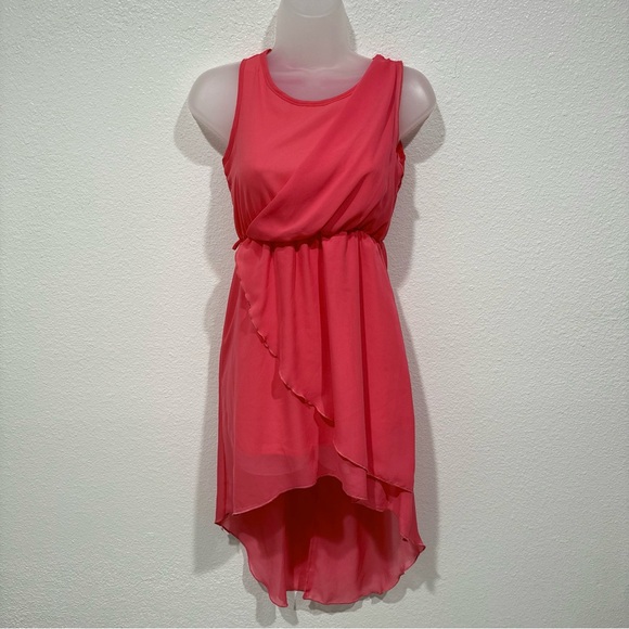 red orange coral ruffle high low wrapped sleeveless sun dress - Picture 1 of 8